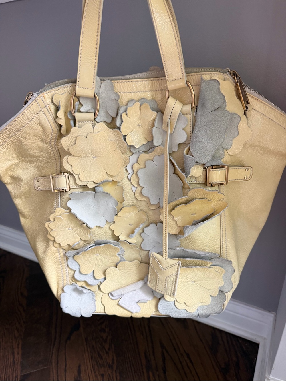 Yves Saint Laurent Yellow Leather Downtown Tote with Floral Appliqués